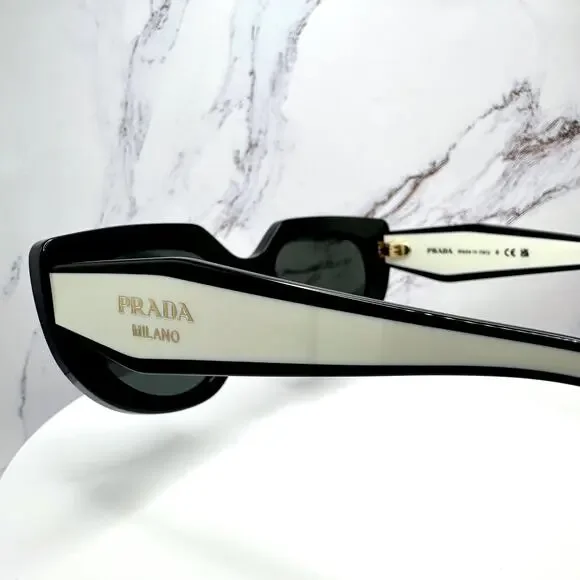 New PRADA Sunglasses Black White Talc Gold Symbole Oval Cat Eye Womens - Picture 4 of 16